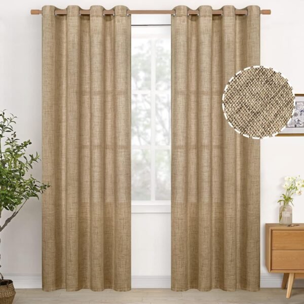 Natural Linen Curtains 63 Inch Length 2 Panels Bronze Grommet Linen Textured Short Window Drapes Light Filtering for Living Room Bedroom, 52 X 63 Inch