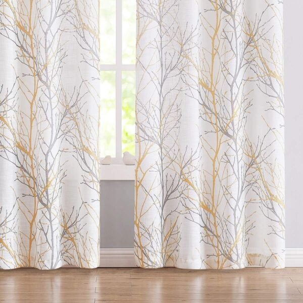 Tree Print Yellow Grey and White Curtains for Living Room Windows - Linen Textured Grommet Branches Pattern Window Treatment Set for Bedroom - 50" W x 96" L - (2 Panels)
