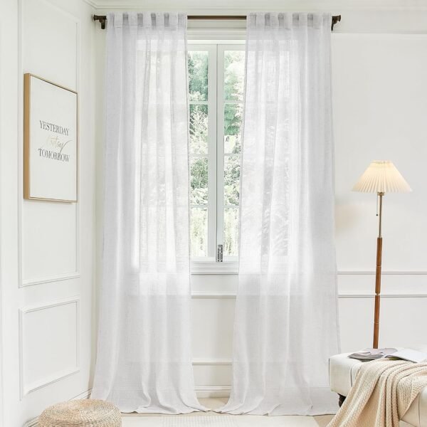 White Linen Sheer Curtains 96 Inch Length for Extra Wide Windows 84 Inch Width 2 Panel Back Tab Pocket Light Filter Semi Sheer Long Skinny Curtains for Living Room Rustic Farmhouse 8 FT Wide 84 x 96
