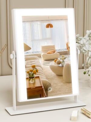 Lighted Makeup Mirror with Light, 9"x11" Vanity Mirror with Lights, Portable Tabletop Cosmetic Make Up Mirror, Smart Touch Control, Dual Power Supply, 360°Rotation