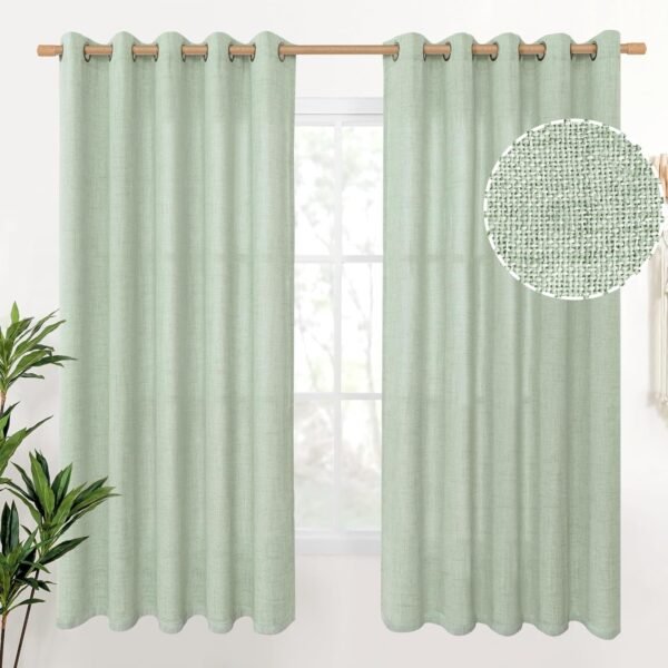 Natural Linen Curtains 63 Inch Length 2 Panels Bronze Grommet Linen Textured Short Window Drapes Light Filtering for Living Room Bedroom, 52 X 63 Inch