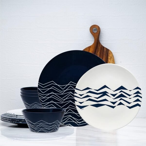 12 Piece Melamine Dinnerware Set - Durable, Dishwasher Safe Blue Plates and Bowls - Dining, Parties, Camping Dish Set Blue Planet Collection