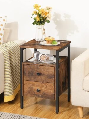 Nightstand, Bedside Table with 2 Drawers and Storage Shelves, Side End Table, Sofa Table for Living Room, Bedroom, Accent Furniture, Easy Assembly, Rustic Brown and Black BF43BZ01G2