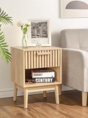 Boho Nightstand, Small Side Table Night Stand with Drawer Open Shelf, Bedside End Table with Wood Strip Decorated Drawer for Bedroom, Living Room, Dorm and Small Spaces (Natural)