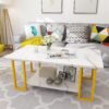Marble Coffee Table, Faux Marble Top Rectangular Coffee Table with Gold Metal Frame, 2 Tier Living Room Table for Living Room, Office, Balcony, 40 Inch, White and Gold
