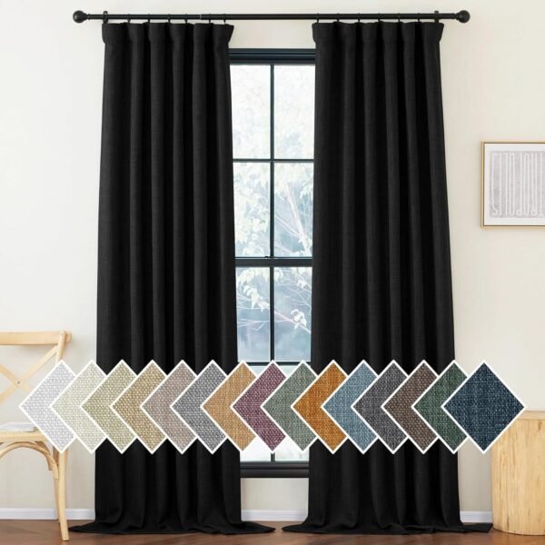 Faux Linen Curtains 90 inches Long for Doorway, Pinch Pleated Thick Room Darkening Window Treatments Noise Reducing Privacy for Living Room/Bedroom, Natural, W34 x L90, 2 Panels
