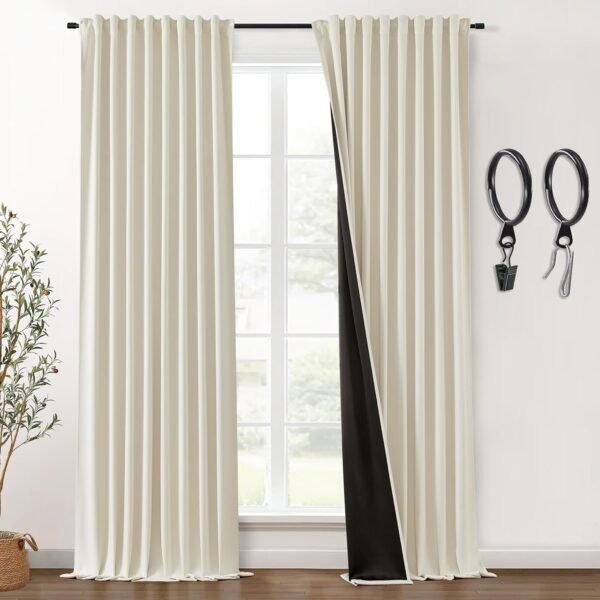Blackout Curtains 96 Inches Long 2 Panel Set for Living Room,Black Out Room Darkening Thermal Pleated Back Tab Hooks Rings Pleat 8 FT Track Ceiling to Floor Length Curtains for Bedroom Window,Cream