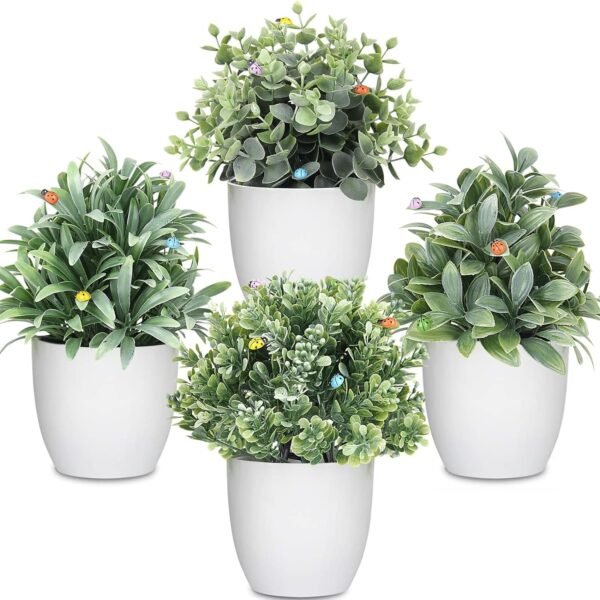 rtificial Potted Plants Mini Fake Plants in Pots, 4 Pack Medium Eucalyptus Potted Faux Decorative Grass Plant with White Plastic Pot for Home Decor, Indoor, Office, Desk, Table Decoration