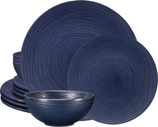 12 Piece Melamine Dinnerware Set - Durable, Dishwasher Safe Plates and Bowls - Casual Dining, Parties, Blue Dish Set Organica Blue Collection