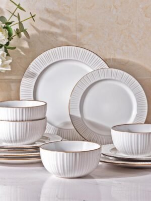 Ceramic Dinnerware Sets, Embossed White Stoneware Plates and Bowls Sets, Housewarming Wedding Gift | Dishwasher & Microwave Safe | Dishes Set Service for 4