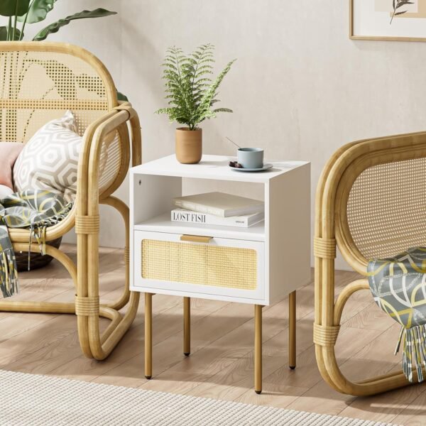 Rattan Nightstand, Drawer Dresser for Bedroom, Small Side Table with Drawer, Bedside Furniture, Night Stand, End Table with Gold Frame for Bedroom, Living Room, White