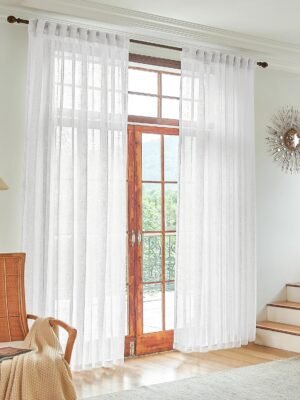 White Linen Sheer Curtains 96 Inch Length for Extra Wide Windows 84 Inch Width 2 Panel Back Tab Pocket Light Filter Semi Sheer Long Skinny Curtains for Living Room Rustic Farmhouse 8 FT Wide 84 x 96