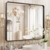 22x30 Inch Bronze Bathroom Mirror for Vanity, Brushed Bronze Metal Frame Mirror for Wall, Rounded Rectangle Bronze Frame Mirror with Tempered Glass, Anti-Rust (Horizontal/Vertical)