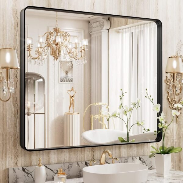 22x30 Inch Bronze Bathroom Mirror for Vanity, Brushed Bronze Metal Frame Mirror for Wall, Rounded Rectangle Bronze Frame Mirror with Tempered Glass, Anti-Rust (Horizontal/Vertical)
