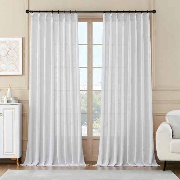 Pleated Linen Curtains 96 Inches Long for Living Room 2 Panel Set, Semi Sheer Pinch Pleat Back Tab Drapes with Hooks Neutral Boho Light Filtering Curtain for Bedroom Window 8 Ft W38xL96