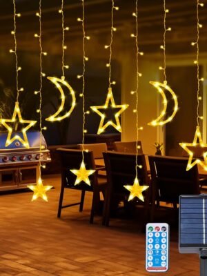 Solar Curtain Lights 138*LEDs, Star Moon Ramadan String Lights with 8 Lighting Mode, Timmer Setting, Ramadan Decorations, Waterproof Solar Powered Twinkle Hanging Fairy Lights for Outdoor
