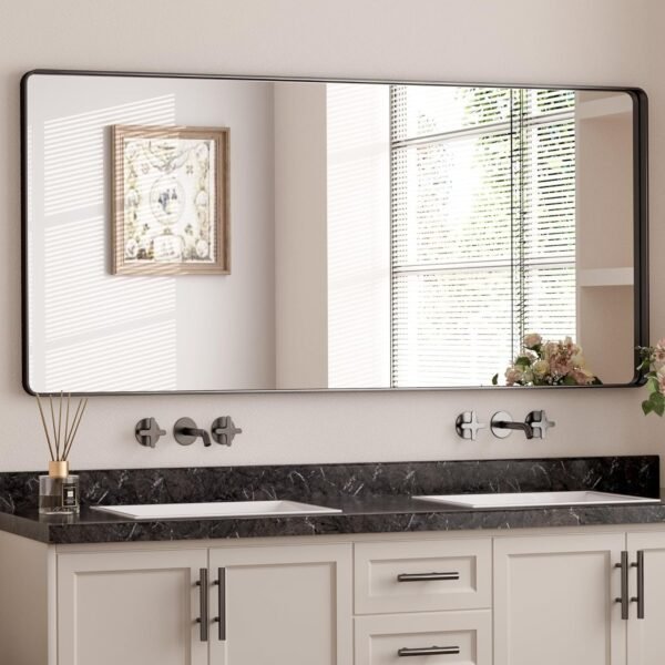 81d6H0OWeFL._AC_SL1500.jpg Black Metal Framed Bathroom Mirrors for Wall, 20 x 30 Inch Rounded Rectangle Bathroom Vanity Mirror, Matte Black Farmhouse Mirror with Seamless Frame, HD Tempered Glass(Horizontal/Vertical)