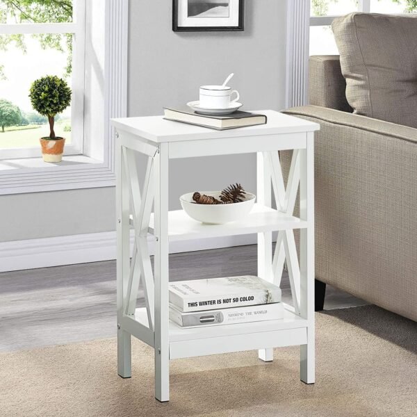 Nightstand Sofa Side Table with 3-Tier Storage Shelf for Living Room, Bedroom, Stable Steel Frame, Easy Assembly, End, White