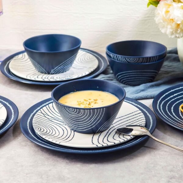 12 Piece Melamine Dinnerware Set - Durable, Dishwasher Safe Blue Plates and Bowls - Dining, Parties, Camping Dish Set Blue Planet Collection