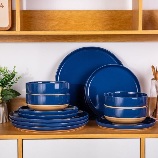 Stoneware Dinnerware Sets for 4, 12 Pieces Handpainted Plates and Bowls Set with Wavy Rim, Chip and Scratch Resistant Dishes set, Dishwasher & Microwave Safe, Royal Blue