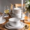 Ceramic Dinnerware Sets of 4, Modern Flat Stoneware Plates and Bowls Sets,Chip and Crack Resistant | Dishwasher & Microwave Safe Dishes Set,Scratch Resistant- Service for 4 (12pc)-Matte White