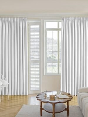 Pure White Pinch Pleat Curtain 52" W x 63" L Solid Thermal Insulated 50% Blackout Patio Door Curtain Panel Drape for Traverse Rod and Track with Tieback, (One Panel)