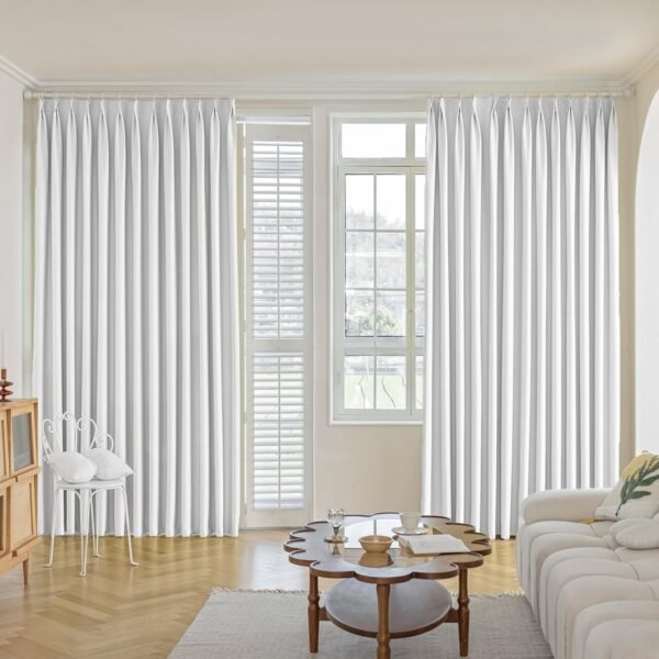 Pure White Pinch Pleat Curtain 52" W x 63" L Solid Thermal Insulated 50% Blackout Patio Door Curtain Panel Drape for Traverse Rod and Track with Tieback, (One Panel)