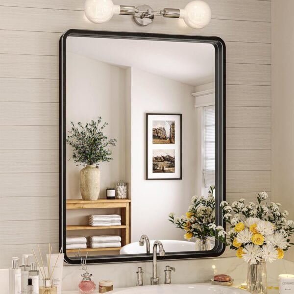 Black Bathroom Mirror for Wall, 20 x 28 Inch Rectangluar Black Metal Framed Mirror, Modern Wall Mounted Vanity Mirror for Bathroom, Vertical or Horizontal