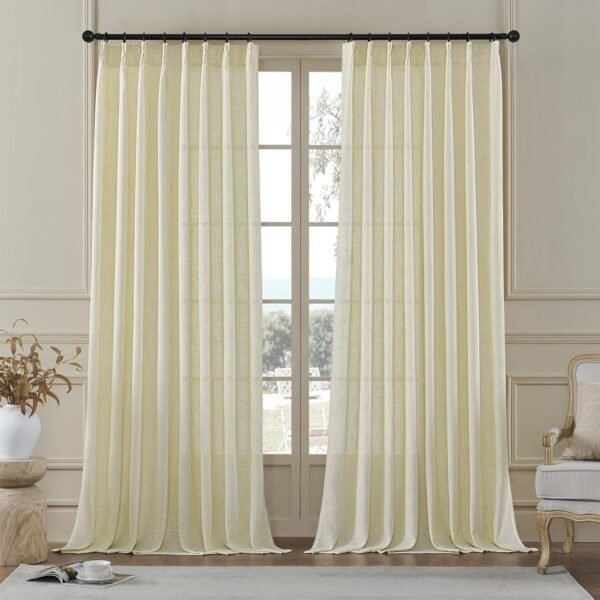 Pleated Linen Curtains 96 Inches Long for Living Room 2 Panel Set, Semi Sheer Pinch Pleat Back Tab Drapes with Hooks Neutral Boho Light Filtering Curtain for Bedroom Window 8 Ft W38xL96