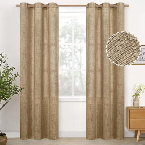 Natural Linen Curtains 63 Inch Length 2 Panels Bronze Grommet Linen Textured Short Window Drapes Light Filtering for Living Room Bedroom, 52 X 63 Inch