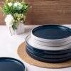 Ceramic Dinnerware Sets for 4,12 -Piece Double Color Stoneware Plates and Bowls Set,Chip and Crack Resistant | Dishwasher & Microwave Safe Dishes Set,Service for 4 -White &Blue