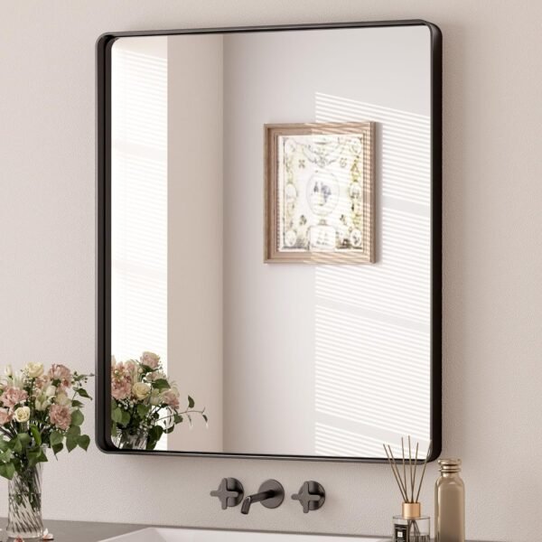 81ps8HpHhfL._AC_SL1500.jpg Black Metal Framed Bathroom Mirrors for Wall, 20 x 30 Inch Rounded Rectangle Bathroom Vanity Mirror, Matte Black Farmhouse Mirror with Seamless Frame, HD Tempered Glass(Horizontal/Vertical)