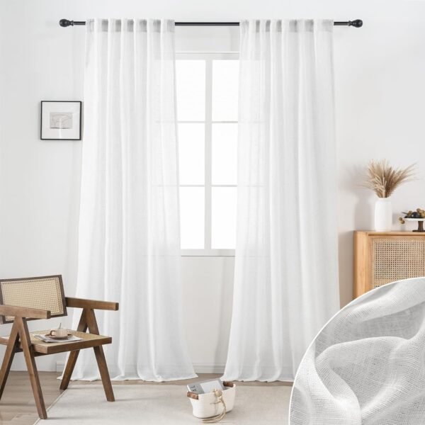 White Linen Sheer Curtains 96 Inch Length for Extra Wide Windows 84 Inch Width 2 Panel Back Tab Pocket Light Filter Semi Sheer Long Skinny Curtains for Living Room Rustic Farmhouse 8 FT Wide 84 x 96