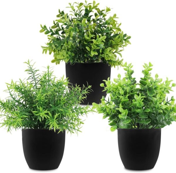 rtificial Potted Plants Mini Fake Plants in Pots, 4 Pack Medium Eucalyptus Potted Faux Decorative Grass Plant with White Plastic Pot for Home Decor, Indoor, Office, Desk, Table Decoration