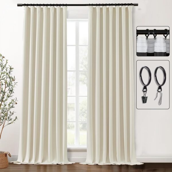 Blackout Curtains 96 Inches Long 2 Panel Set for Living Room,Black Out Room Darkening Thermal Pleated Back Tab Hooks Rings Pleat 8 FT Track Ceiling to Floor Length Curtains for Bedroom Window,Cream