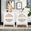 Rattan Nightstand, End Side Table with 2 Rattan Drawers, Wood Square Bedside Table with Storage, Accent Sofa Table for Home Office Living Room Bedroom, White