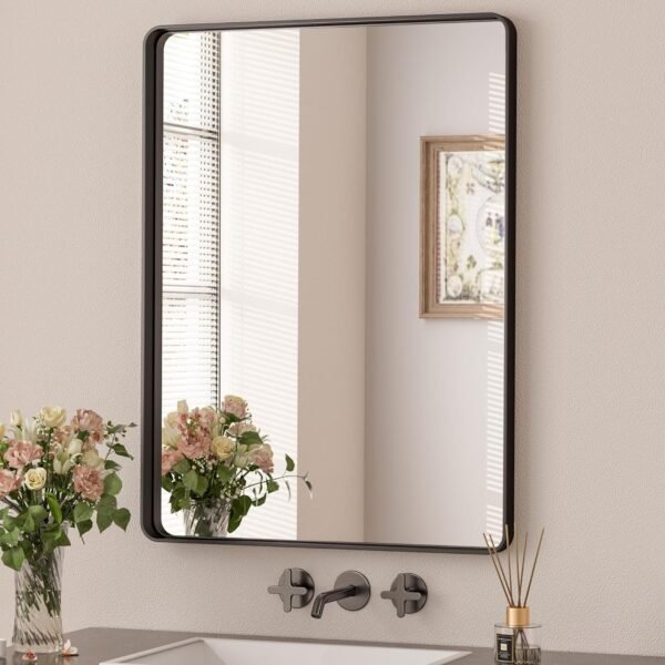 81s3RtAfRUL._AC_SL1500.jpg Black Metal Framed Bathroom Mirrors for Wall, 20 x 30 Inch Rounded Rectangle Bathroom Vanity Mirror, Matte Black Farmhouse Mirror with Seamless Frame, HD Tempered Glass(Horizontal/Vertical)