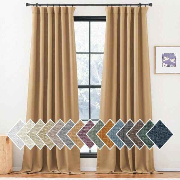 Faux Linen Curtains 90 inches Long for Doorway, Pinch Pleated Thick Room Darkening Window Treatments Noise Reducing Privacy for Living Room/Bedroom, Natural, W34 x L90, 2 Panels