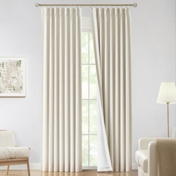 Natural Full Blackout Curtains Linen Blended Darkening Window Curtains 84 inch for Living Room Bedroom Thermal Insulated Pinch Pleat Drapes with Hooks 2 Panel 40"Wx84"L
