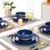 Stoneware Dinnerware Sets for 4, 12 Pieces Handpainted Plates and Bowls Set with Wavy Rim, Chip and Scratch Resistant Dishes set, Dishwasher & Microwave Safe, Royal Blue