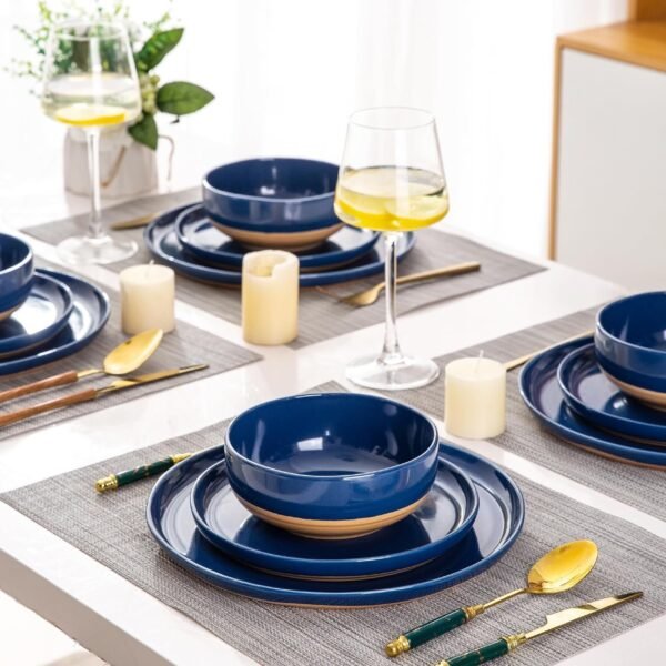 Stoneware Dinnerware Sets for 4, 12 Pieces Handpainted Plates and Bowls Set with Wavy Rim, Chip and Scratch Resistant Dishes set, Dishwasher & Microwave Safe, Royal Blue