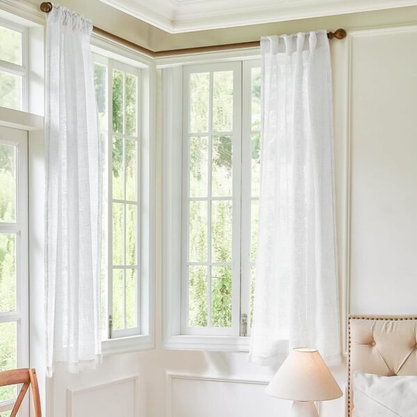 White Linen Sheer Curtains 96 Inch Length for Extra Wide Windows 84 Inch Width 2 Panel Back Tab Pocket Light Filter Semi Sheer Long Skinny Curtains for Living Room Rustic Farmhouse 8 FT Wide 84 x 96