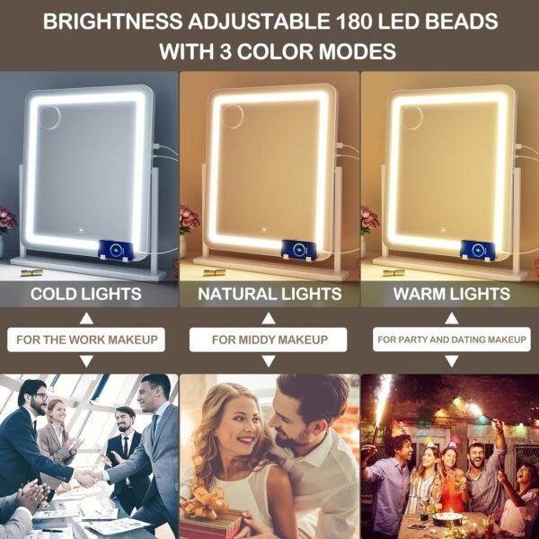 Makeup Vanity Mirror with Lights 15.2" Large LED Lighted Mirror, Hollywood Make Up Mirror with Lighting for Bedroom Tabletop, Smart Touch, Detachable 10X Magnification 360° Rotation, (White)