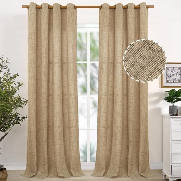 Natural Linen Curtains 63 Inch Length 2 Panels Bronze Grommet Linen Textured Short Window Drapes Light Filtering for Living Room Bedroom, 52 X 63 Inch