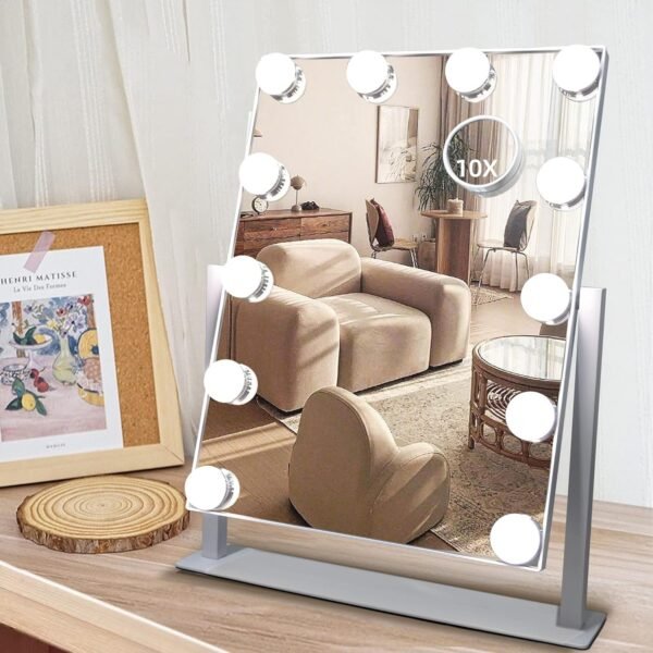 Lighted Makeup Mirror, 14"x 12" Hollywood Vanity Mirror with 9 LED Bulbs, 3 Color Lights, and Detachable 10X Magnification Mirror, 1200mAh Rechargeable, Touch Control, 360°Rotation (White)