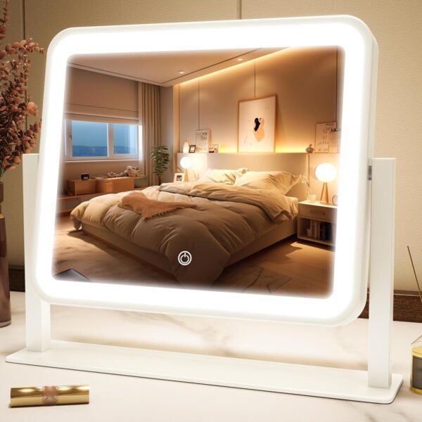 Vanity Mirror with Lights - 15"x12.6" LED Lighted Makeup Mirror, Large Makeup Mirror with Lights, Touch Screen with 3-Color Lighting, Dimmable, for Vanity Desk Tabletop, Bedroom