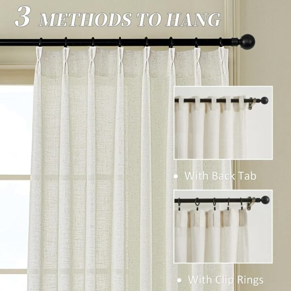 Pleated Linen Curtains 96 Inches Long for Living Room 2 Panel Set, Semi Sheer Pinch Pleat Back Tab Drapes with Hooks Neutral Boho Light Filtering Curtain for Bedroom Window 8 Ft W38xL96