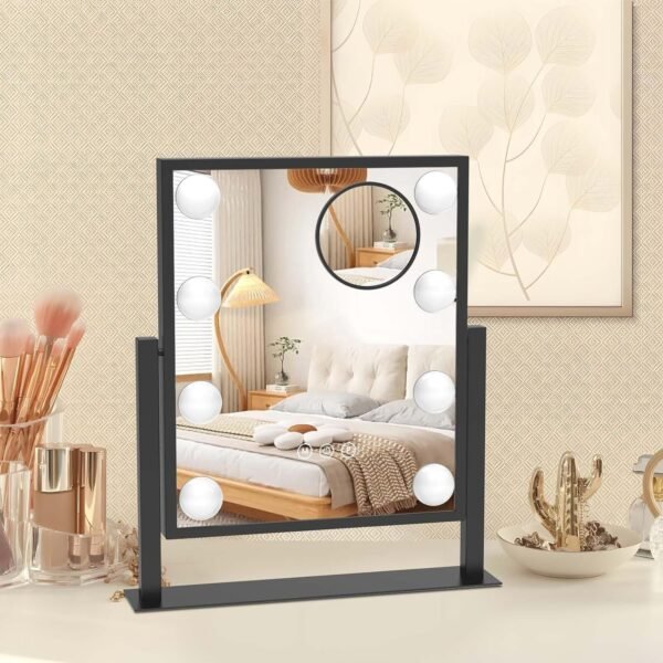 Hollywood Vanity Mirror with Lights 8 Dimmable Bulbs, 3 Color Light, Touch Control, LED Lighted Makeup Mirrors for Dorm, Detachable 10X Magnification Mirror Black