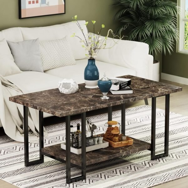Marble Coffee Table, Faux Marble Top Rectangular Coffee Table with Gold Metal Frame, 2 Tier Living Room Table for Living Room, Office, Balcony, 40 Inch, White and Gold