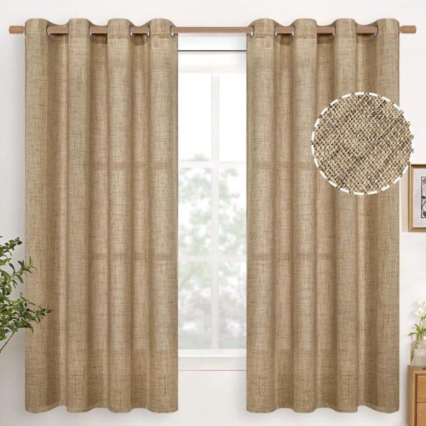 Natural Linen Curtains 63 Inch Length 2 Panels Bronze Grommet Linen Textured Short Window Drapes Light Filtering for Living Room Bedroom, 52 X 63 Inch